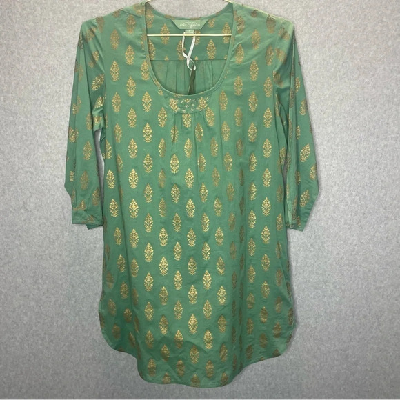 April Cornell Gold Printed Bohemian Hippie Green Tunic Top - Picture 1 of 8